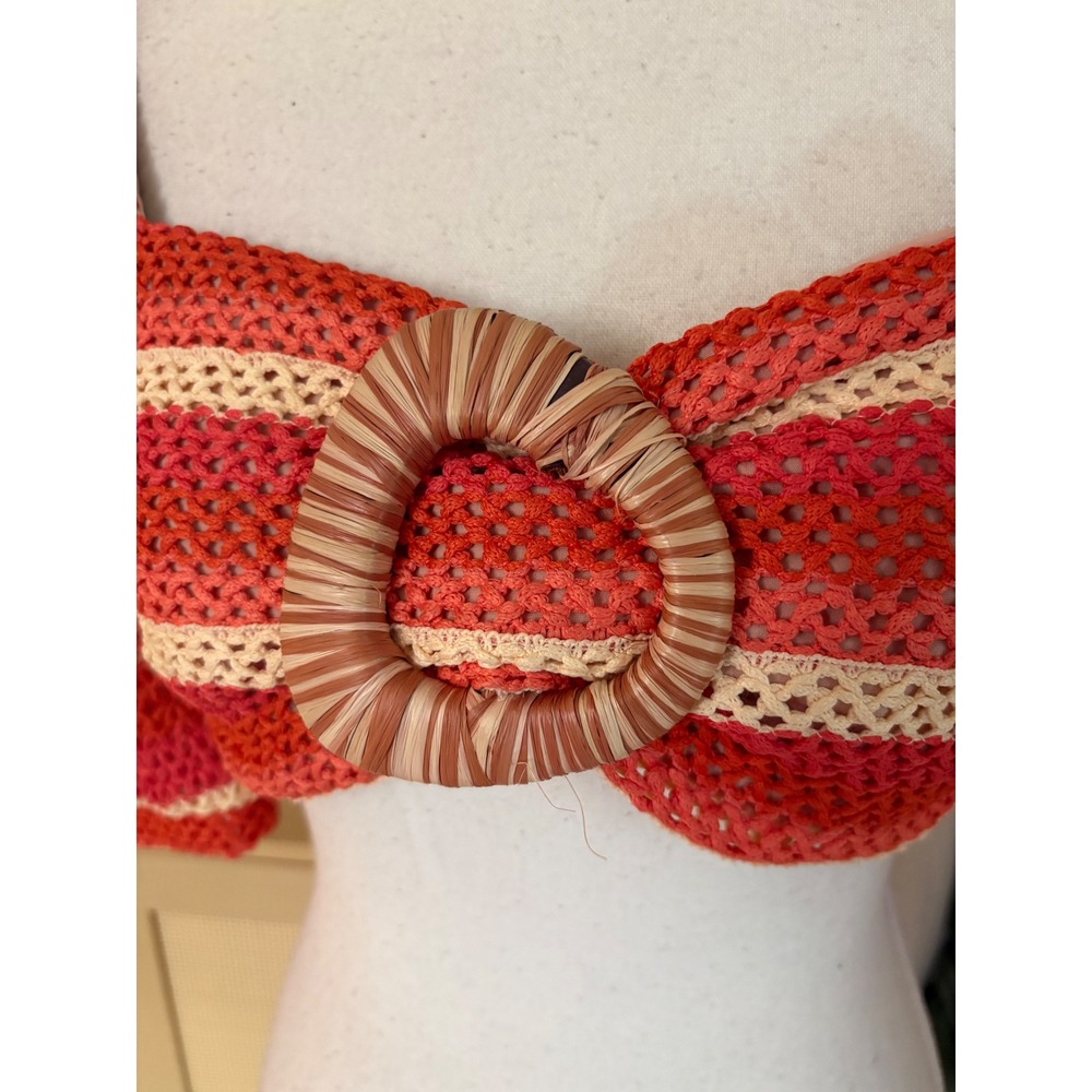 PatBO Striped Crochet Cropped Top Size 4 Orange Puff Sleeve - Picture 4 of 11